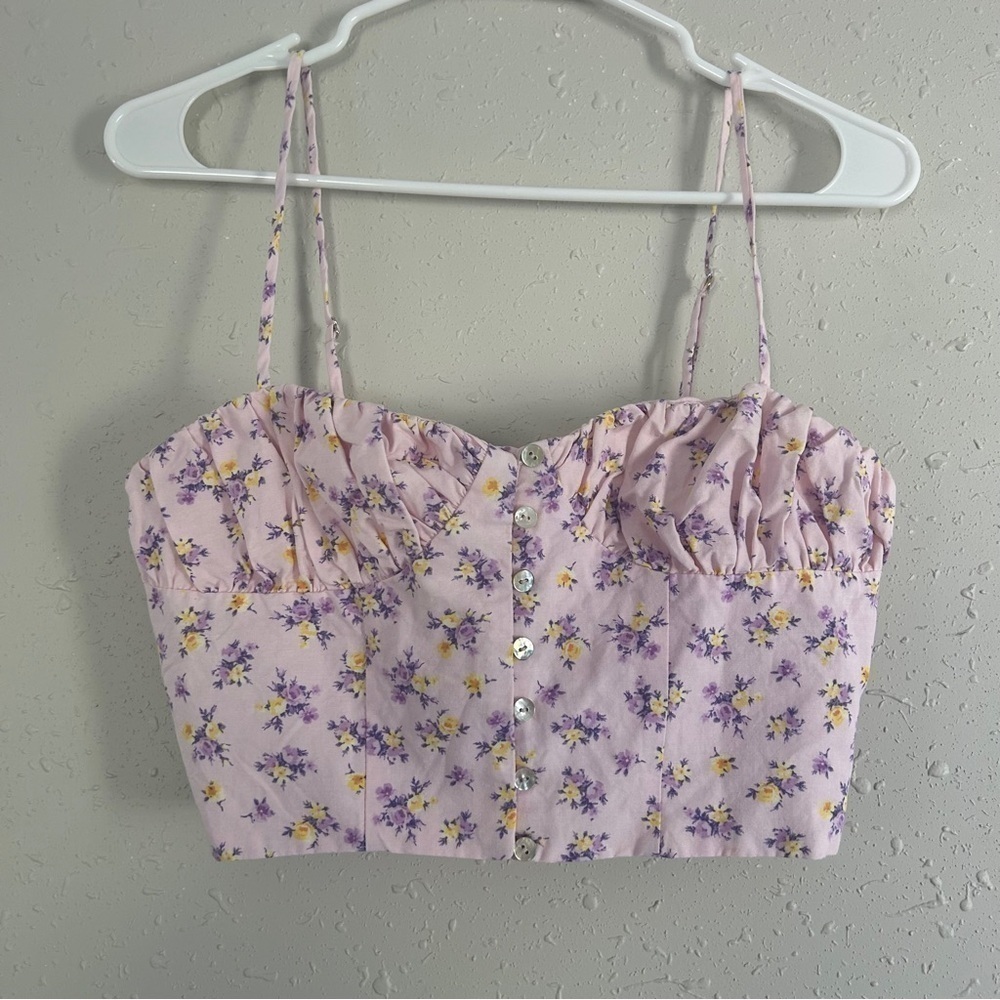 🦋 Zara Pink Floral Crop Top Summer Casual Medium Pastel